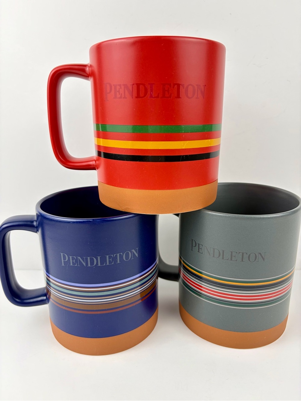 Pendleton Woolen Mills Mugs Set Of 3 Red Navy Grey Striped Large 18 oz